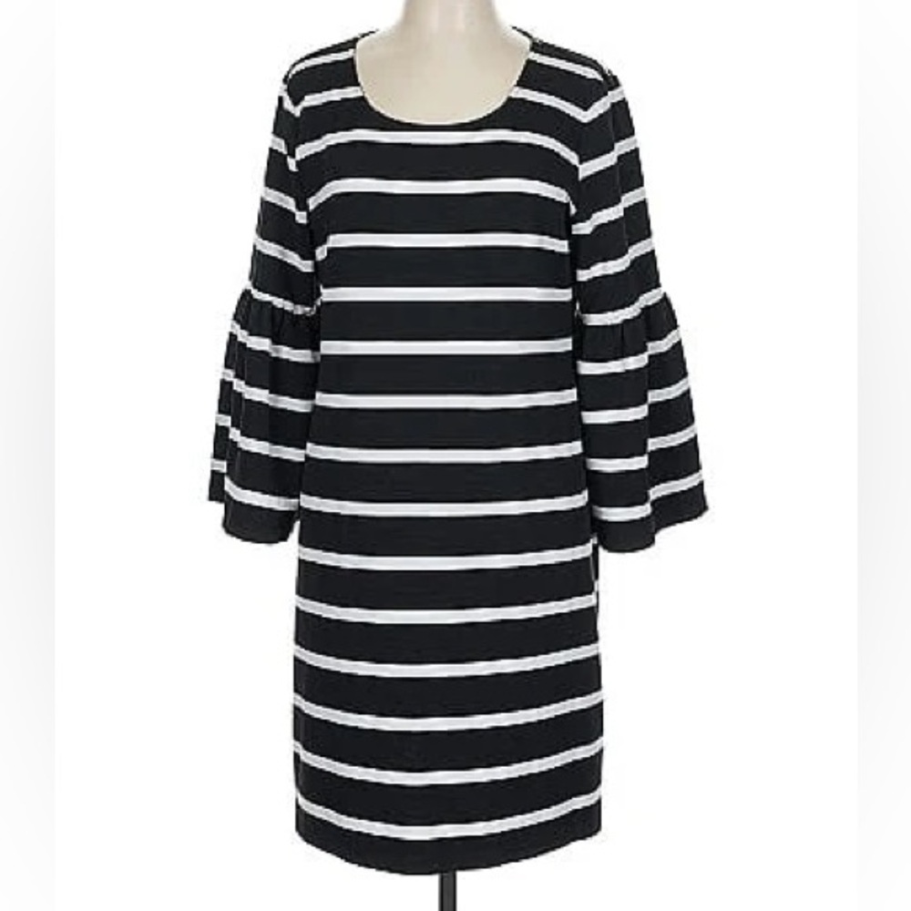 CALVIN KLEIN Black White Stripe Midi Knit Dress